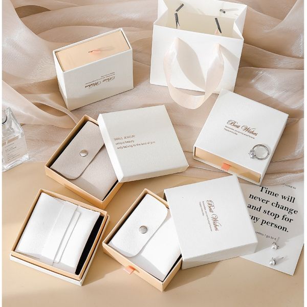 Batch Customized LOGO White Powder Jewelry Box Velvet Bag Set Light Luxury World Cover Ring Jewelry Storage Drawer Box