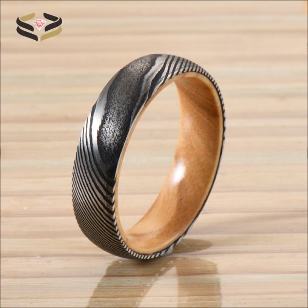 Etched Wedding Damascus Steel Rings Olive Wood Sleeve Inlayed 6mm 8mm For Christmas Gift