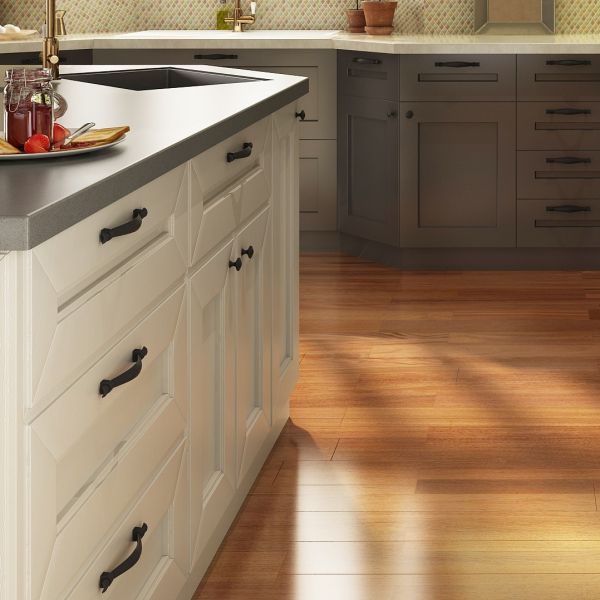 Close-up view of pantry cabinet doors and drawer with soft close mechanism