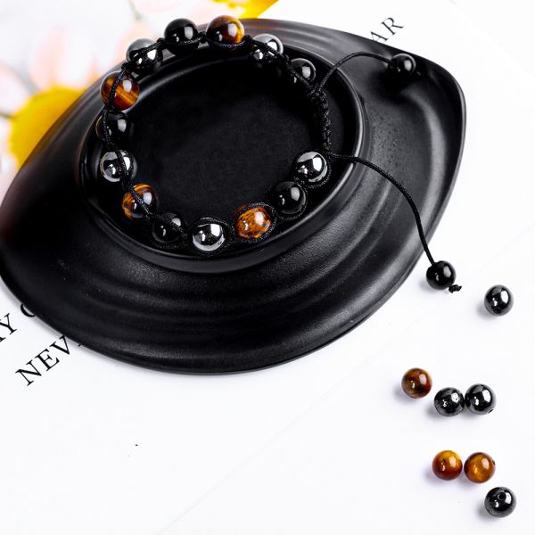 Adjustable Handmade Braided Rope Natural Triple Gemstones Beads Bracelet