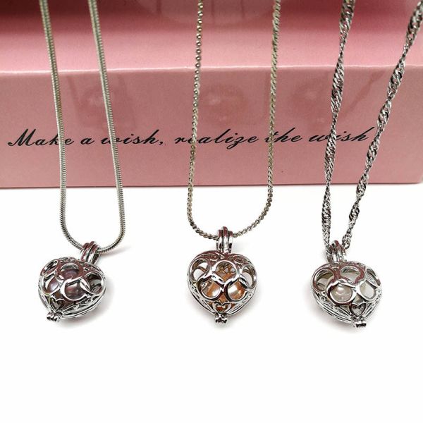 Fashion Wish Pearl Pendant Necklace Natural Oyster Gift Love Heart Cage Holder Chokers Necklace For Women Jewelry