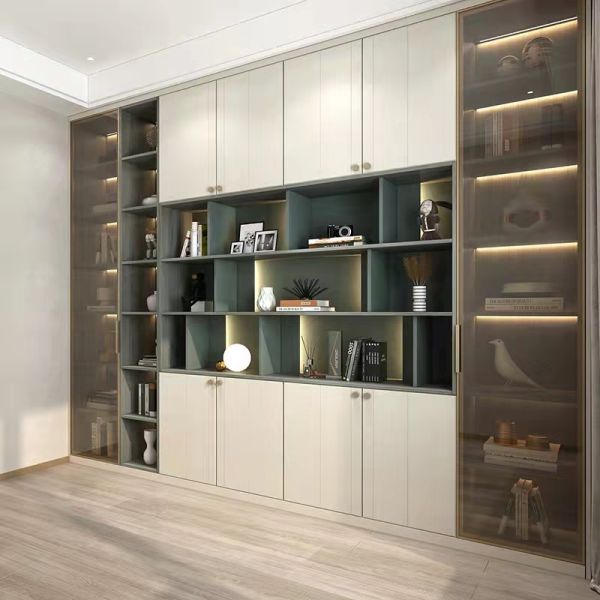 Modern plywood hardwood TV stand with glass showcase cabinet