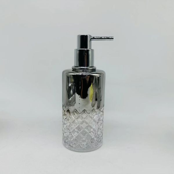 Glass bathroom accessories round shape with Ion plate and diamone pattern luxury bath accessories soap dish holder hand soap dispenser