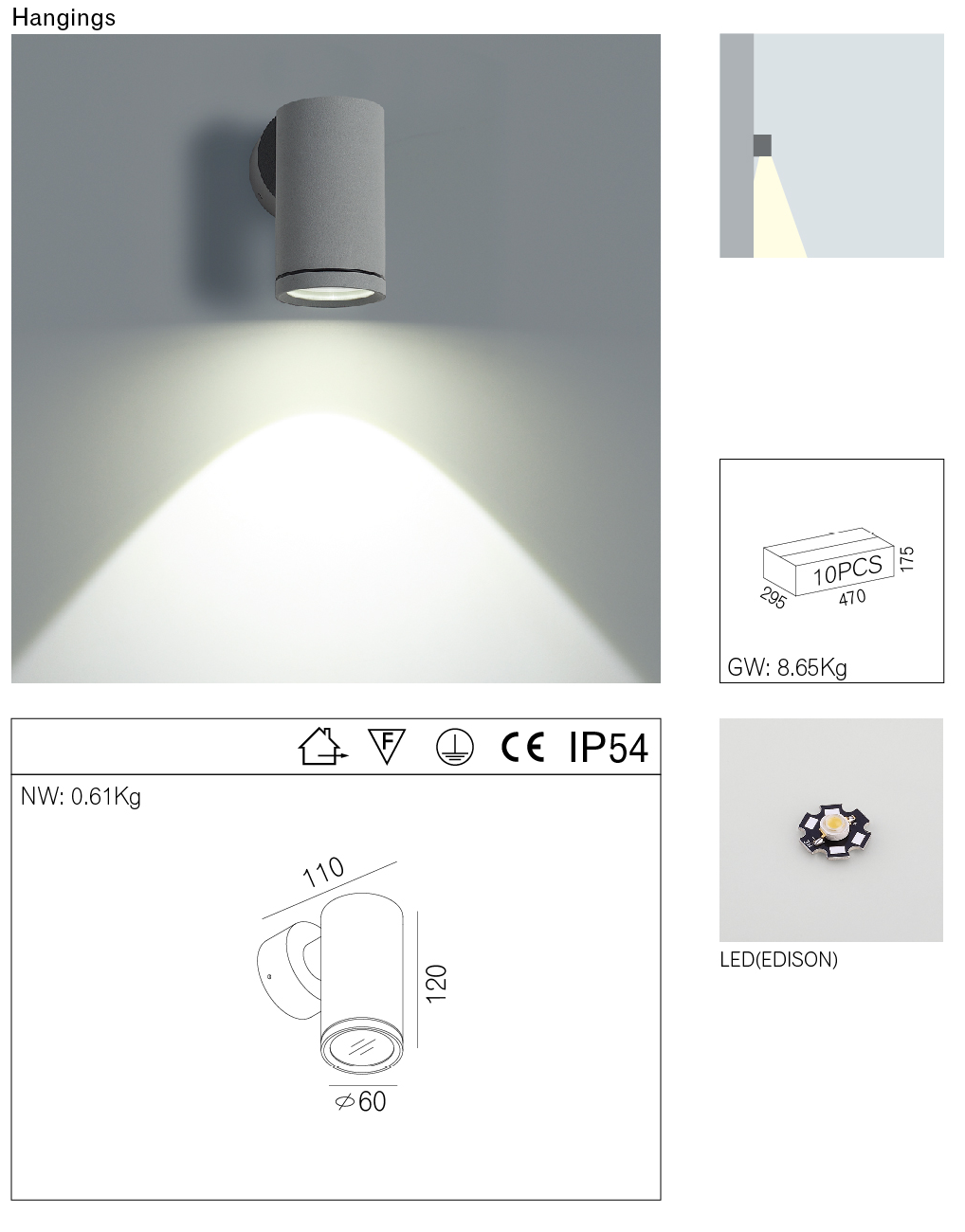 3 * 1W Cylinder EDISON Led Outdoor Wall Light IP54 Wall Mounted Exterior Wall Light