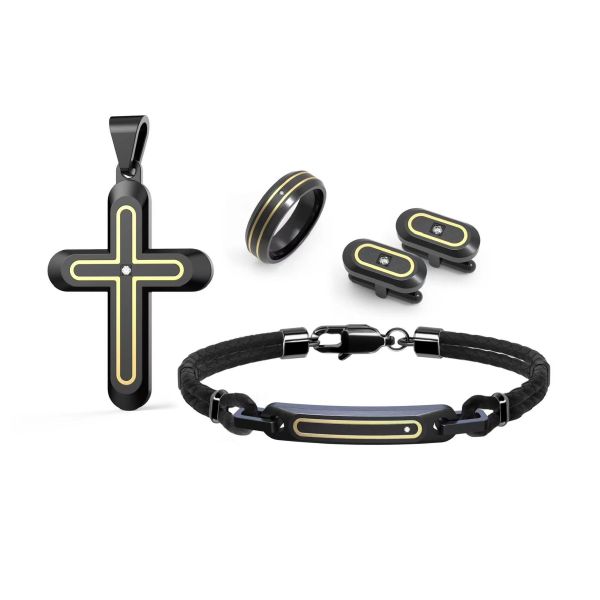 Leather Onyx Stone Stainless Steel Jewelry Sets Men Necklace Earrings And Ring Set