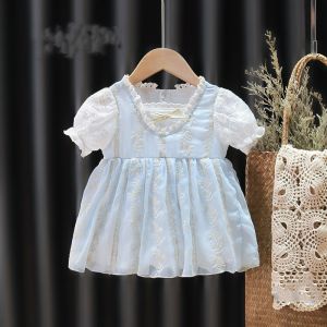 Sky Light Blue Lace Children'S Dress Clothing For Girls Summer Season