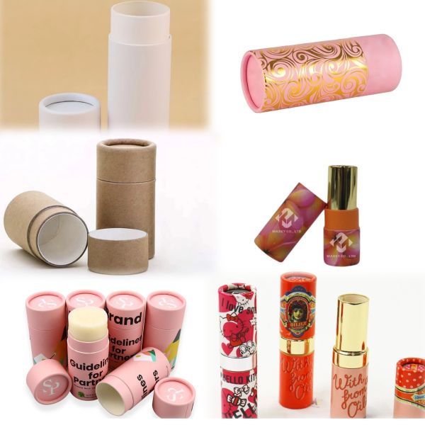 Kraft paper lip balm tubes, biodegradable packaging; cardboard push-type deodorizing stick.