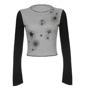 Quality Custom Clothing Factory China Ladies Star Print Color-Block Long-Sleeved Pullover Top wholesale
