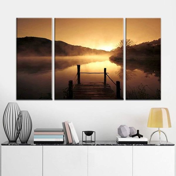 Misty Lake 3 Piece Printed Painting Modern Stretched Framed Contemporary Giclee
