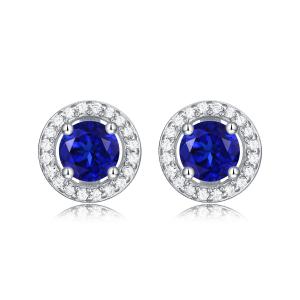 China Blue 925 Sterling Silver Zircon Round Gemstone Stud Earrings For Gift Giving on sale
