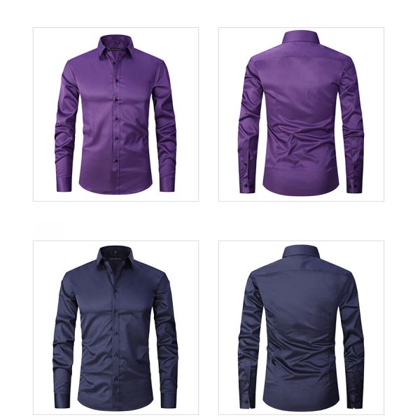 Solid Color Men Shirts Apparel Business Casual Polyester Stand Collar Clothes