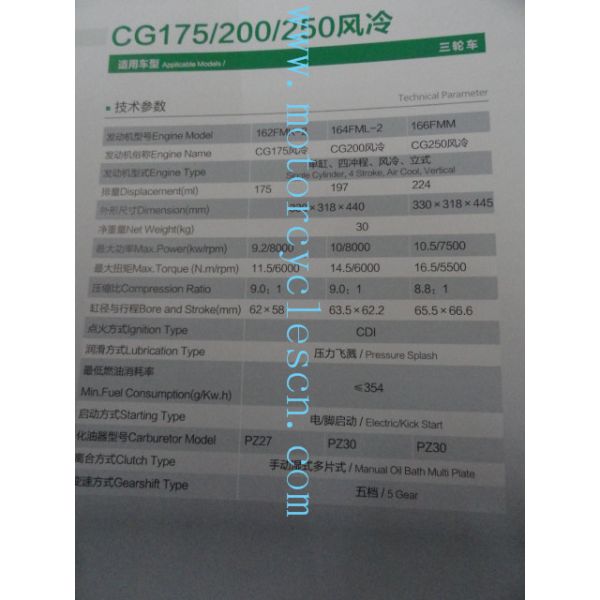 162FMK CG175 200 250 Single cylinder 4 stroke Air cool Three Wheels Motorcycles Engines