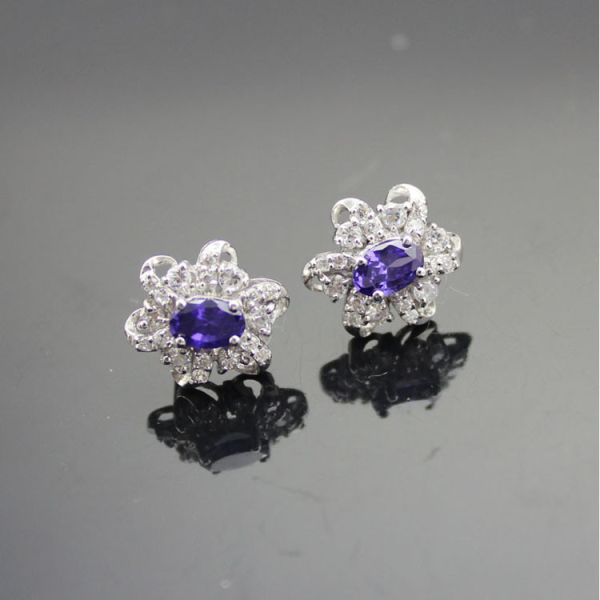 Sterling Silver Oval Blue Topaz Clear Cubic Zircon Earrings（E01）