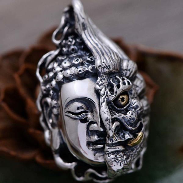 Women Men Retro Sterling Silver Buddha Demon Design Pendant Necklace N808062