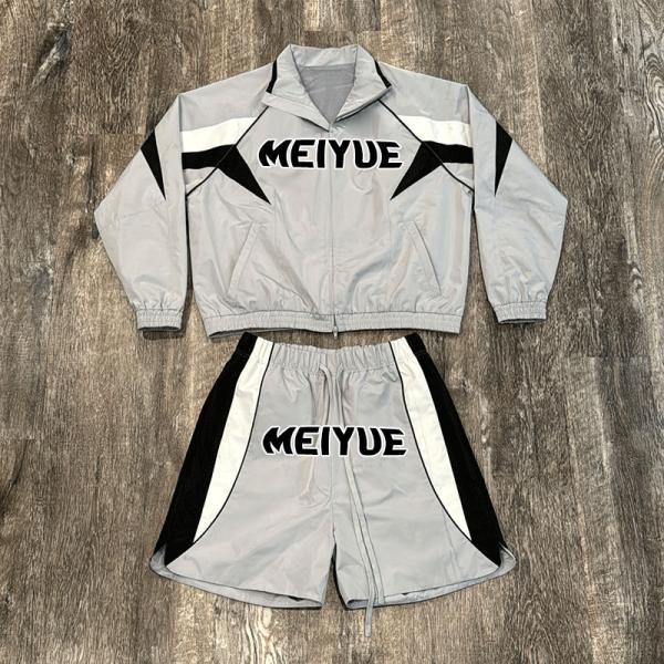 Custom Logo Windbreaker Nylon Sweatshirt Streetwear Vintage Zip up Hoodie and Flared Sweatpants Set Oversized Tracksuit for Men