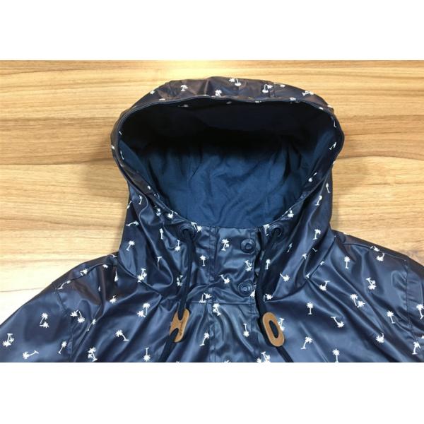 Windbread Water Proof Printed Ladies PU Jacket Coat Long Style Navy Color