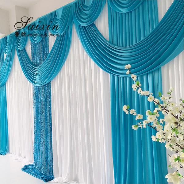 New design double drape white cloth curtains cross valance for wedding Decorative backdrop