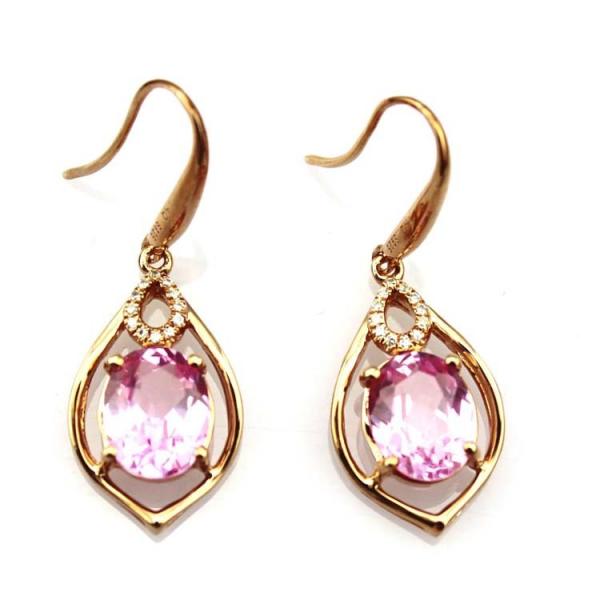 Rose Gold 925 Silver 7mmx9mm Oval Ruby Cubic Zirconia Dangle Drop Earrings (PSJ04225)