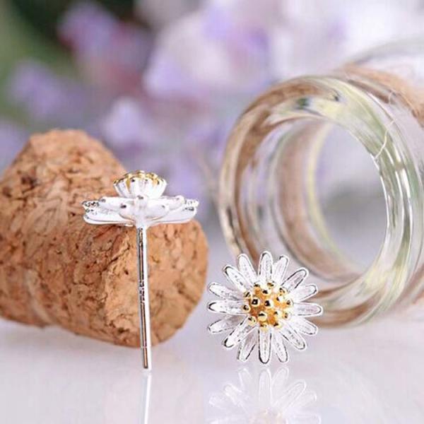 Two Tone Silver Plated Daisy Flower Stud Earrings Korea Style Fashion Jewelry(EESTUD05)