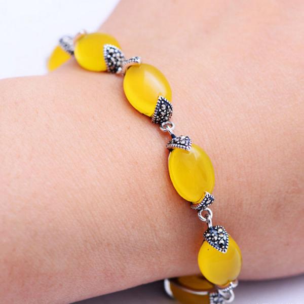 Thai 925 Vintage Sterling Silver Yellow Cubic Zircoina Tennis Bracelet (055728)