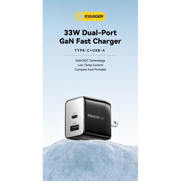 ESSAGER ES-CD39 33W 2 Ports PD Gan Charger 30W USB C Power Adapter