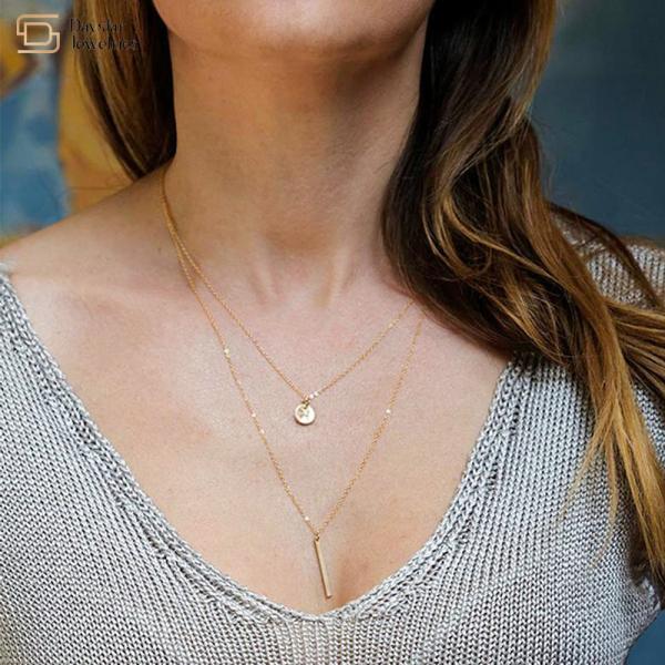 SS Double Layer Choker Necklace , Bar Coin Pendant Clavicle Chain Necklace