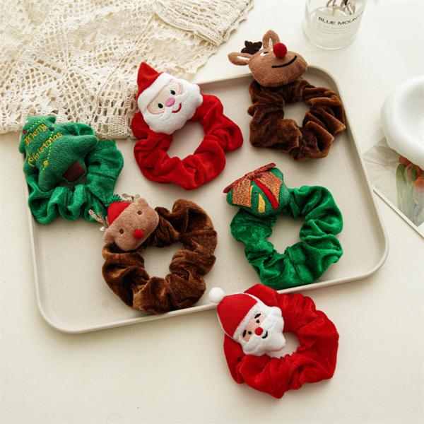 Christmas cartoon girls hair accessories European Santa Claus elk plush hair ring curly hair scrunchie OEM logo words