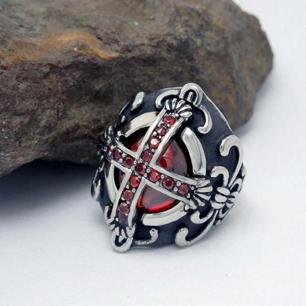 Men's Vintage Old Silver Plated Titanium Stainless Steel Ring Red Cubic Zircon Gothic Cross(SA240)