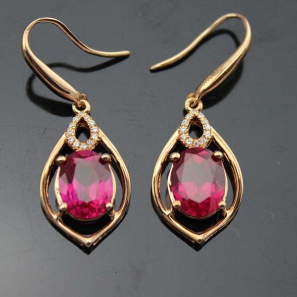 Rose Gold 925 Silver 7mmx9mm Oval Ruby Cubic Zirconia Dangle Drop Earrings (PSJ04225)