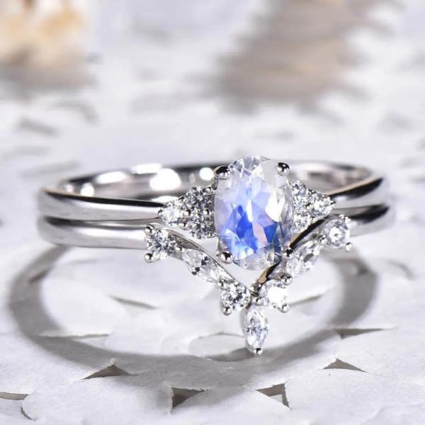 925 Sterling Silver Natural Stone Jewelry Rainbow Blue Moonstone Wedding Ring Set