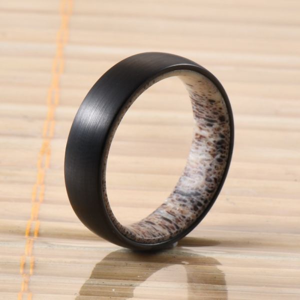 6mm Silver or Black Plated Wedding Engagement Band with Natural Deer Antler Inside Dome Edges Comfort Fit Geometric Shape