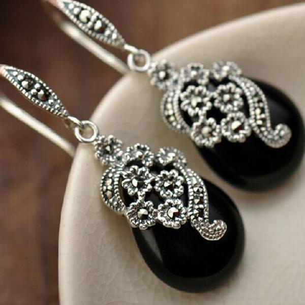 Retro Jewelry Thai 925 Silver with Marcasite Black Onyx Earrings(LR1036BLACK)
