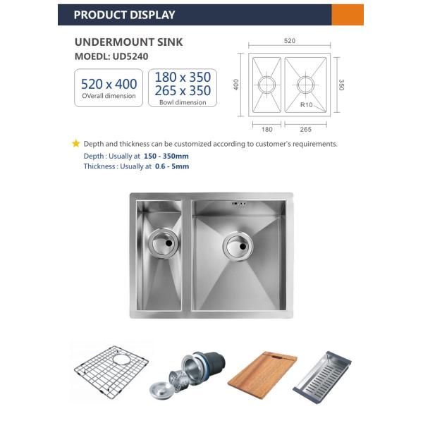 Thick 2mm Stainless Steel Sink Undermount 18 Gauge 52x40
