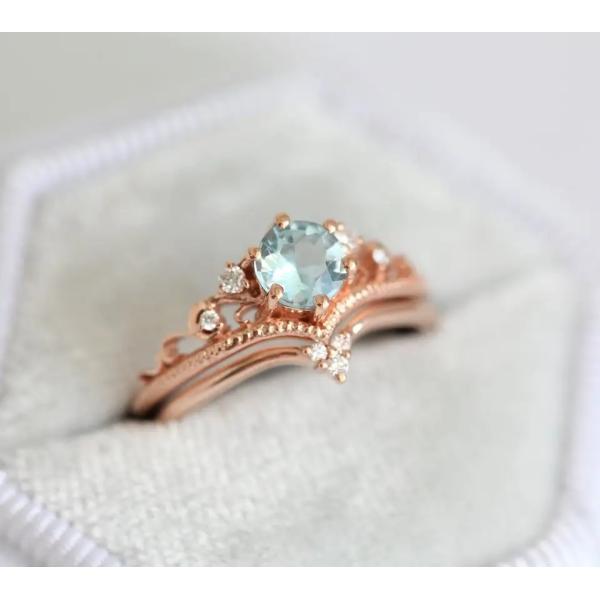 Delicate S925 Rose Gold Plated Natural Round Shape Aquamarine Ring Women Jewelry