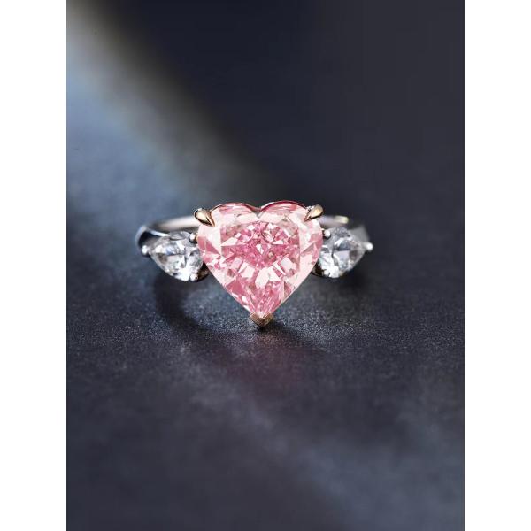 Large Size Pink Lab Grown Diamond Rings Heart Shape 4.19ct 18k White Gold Ring