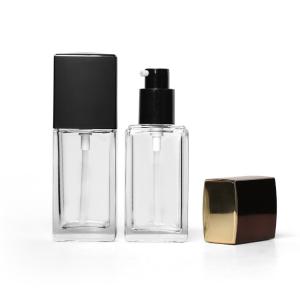Quality Square Shaped 30ml Empty Liquid Foundation Glass Bottle With Gold Top Pump wholesale