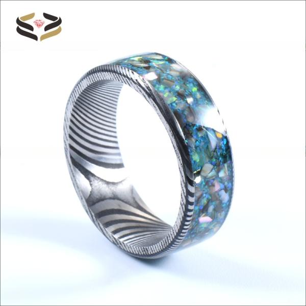 8mm Damascus Steel Men'S Wedding Band With Colorful Opal And Shell Inlay