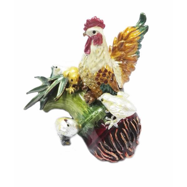 Hot sale antique rooster cock animal shape metal hand painted decortive jewelry box