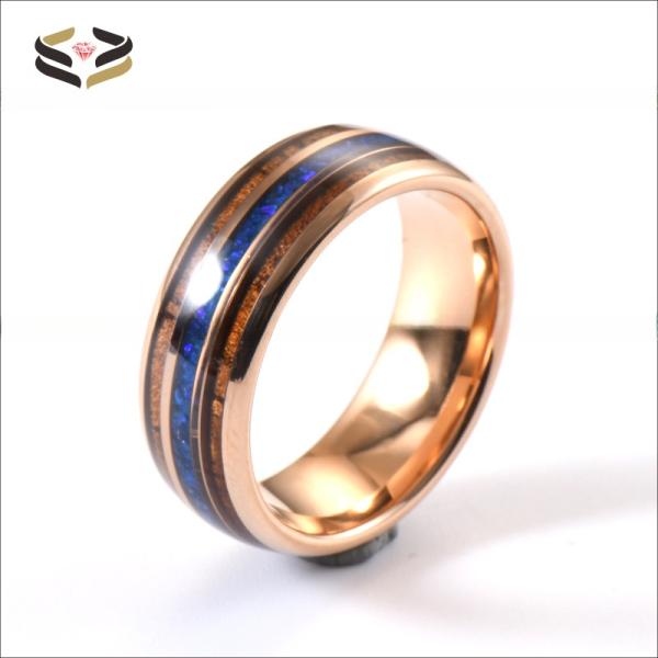 Rose Gold Plated Tungsten Carbide Ring with Koa Wood and Blue Opal Inlay Unisex 8mm Fashion Jewelry Wedding Bands Rings