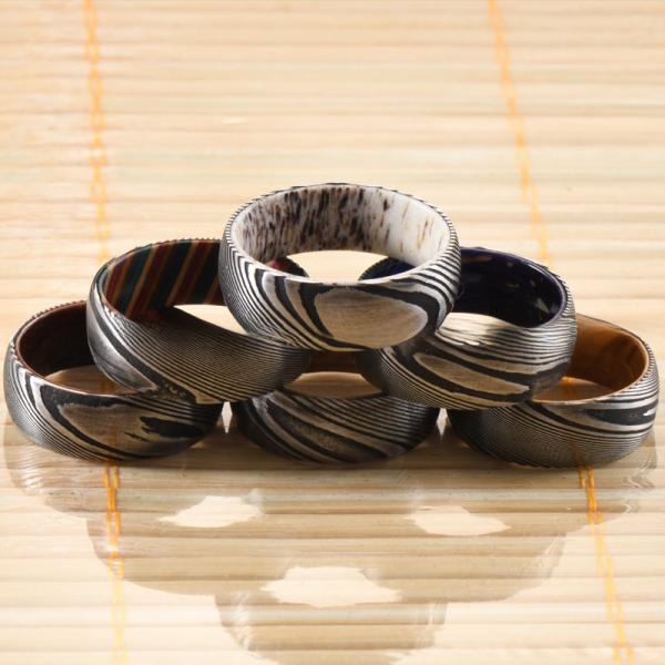 Damascus Steel Wedding Ring With Real Deer Antler Or Wood Sleeve Inlay