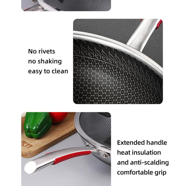 Hot Selling Kitchen 32cm Induction Wok Pan SUS 304 Stainless Steel Honeycomb Non-stick Frying Pan