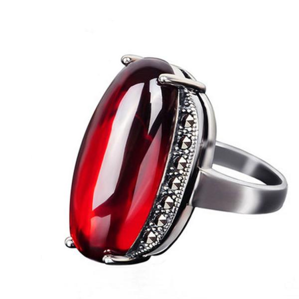Thai Sterling Silver Oval Created Garnet Marcasite Ring (R121402)