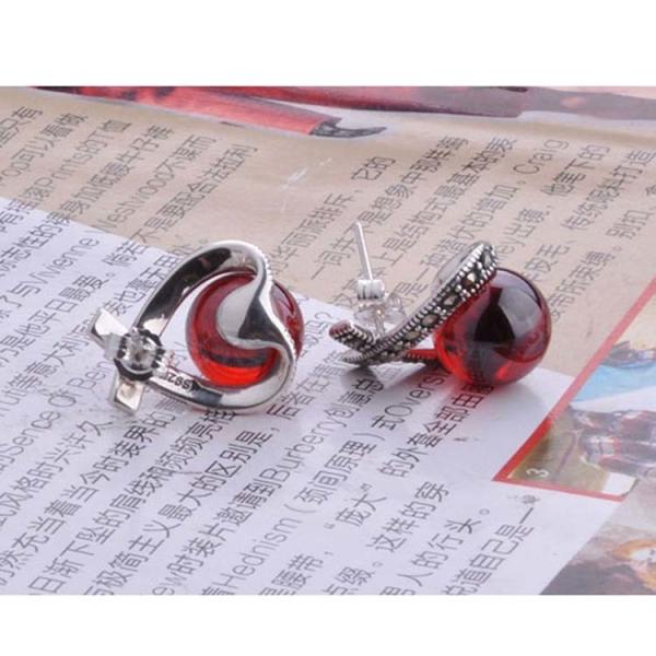 Vintage Thai Sterling Silver Red Cubic Zirconia Marcasite Earrings (E12285)