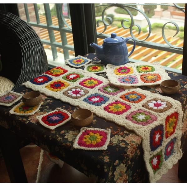 Y-F Nordic Country Rustic Crochet Blanket Farmhouse Plaid Flower Table Runner Teapot Pad coaster Set