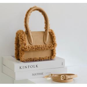 Quality 18cm Womens Leather Bag Lamb Wool Plush Brown Suede Handbag wholesale
