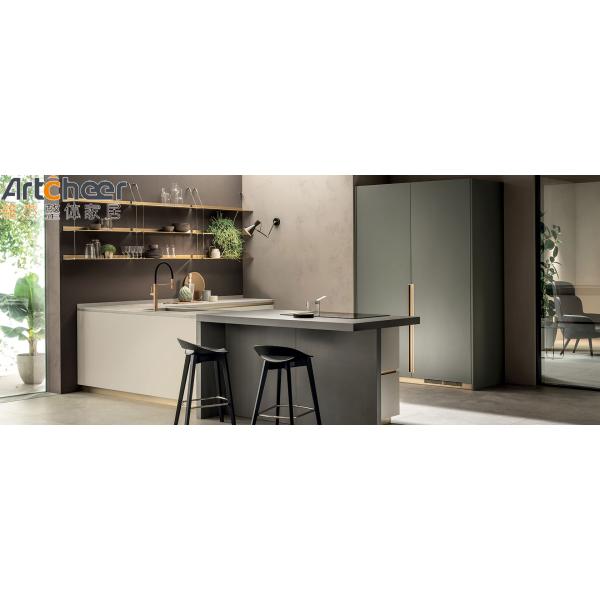 Handless Cabinet Kitchen Design With Island Dining Table And Faucet Accessories In Australia