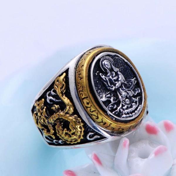 Mens 925 Silver Golden Two Tone Retro Dragon Black Silver Ring (XH047664W)