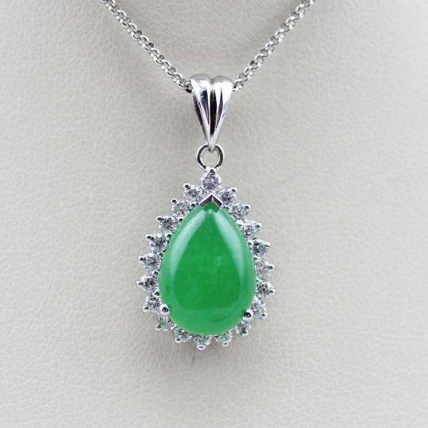 Women Jewelry 925 Silver Pear Shaped Green Jade Cubic Zirconia Pendant Necklace (FP036)