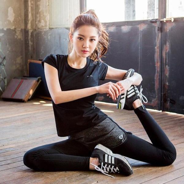 CPG Global Women 2017 Spring Summer Quick Dry 2 Pieces Set Stretched Sports Shirt with Fake-Two Pieces Yoga Pant T1021