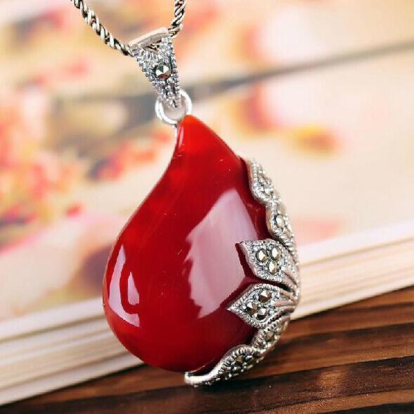 Vintage Jewelry 925 Silver Red Agate Marcasite Drop Pendant Necklace 18 Inches (JA1674RED)